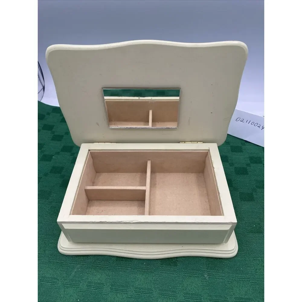 Yellow Wooden Jewelry Box W/Love Ducks On Top/Mirror & 3 Sections 7”x 5”x2.5